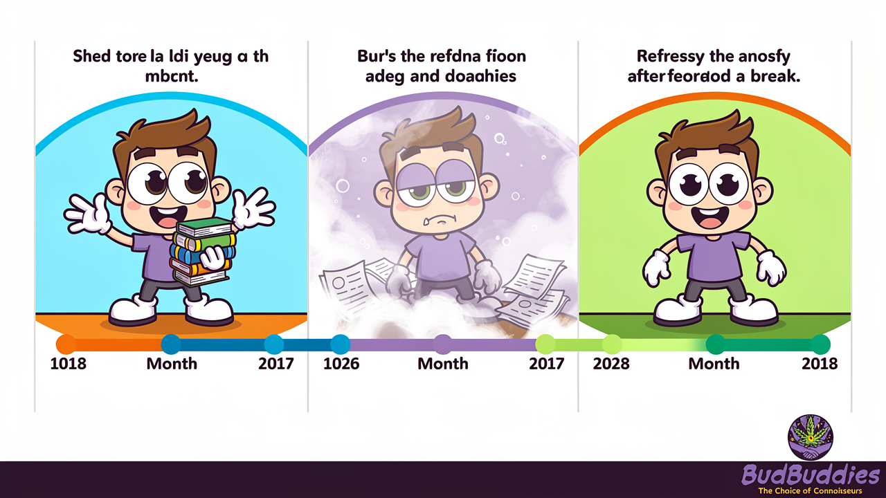 Cartoon timeline showing long-term cannabis effects on study