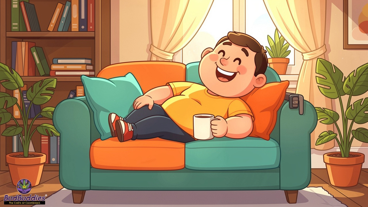 Cartoon character enjoying a calm indoor vaping session