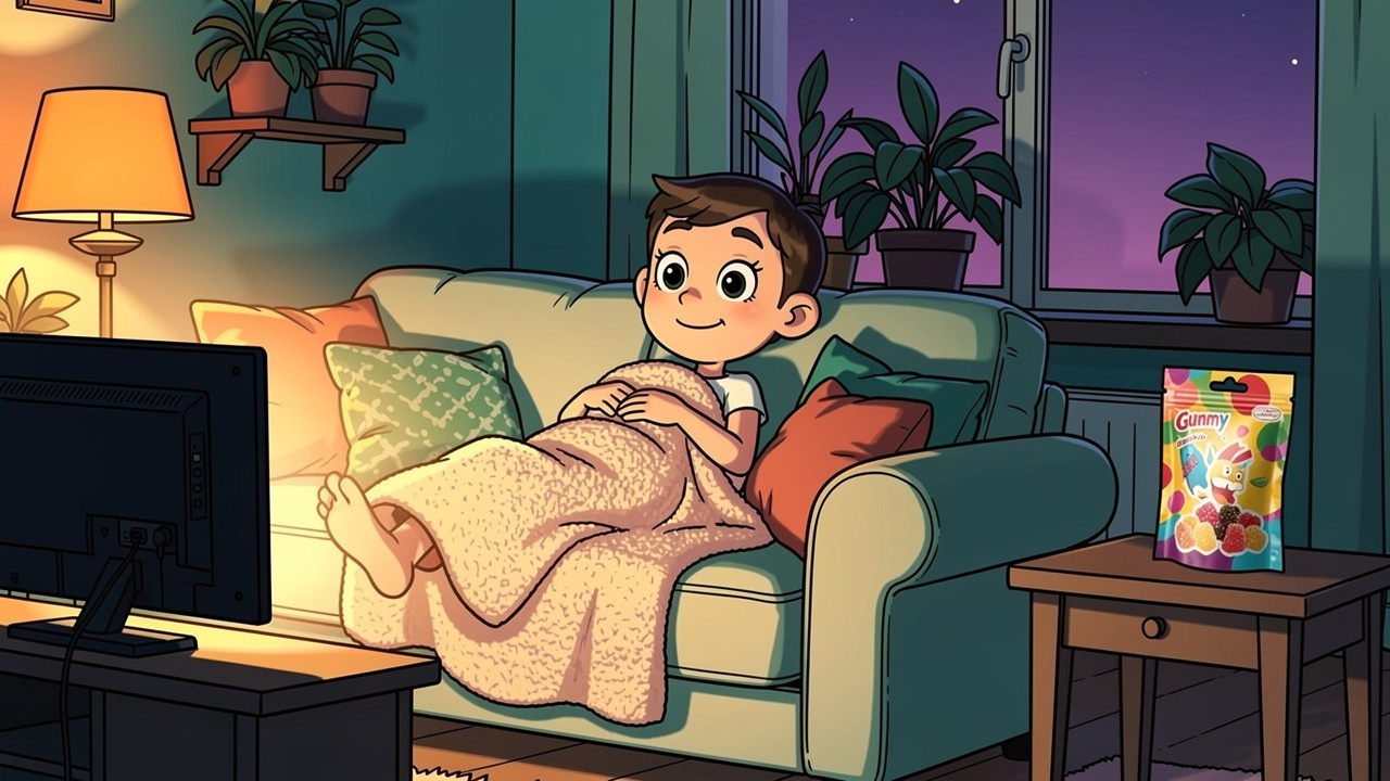 Cartoon character relaxing on sofa enjoying a long calm edible experience