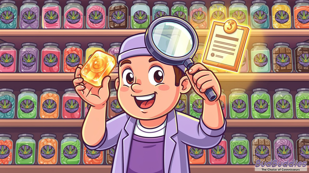 Cartoon character inspecting lab-tested cannabis edibles