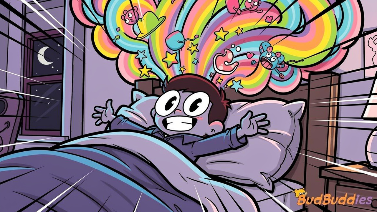 Cartoon character experiencing vivid rebound dream burst