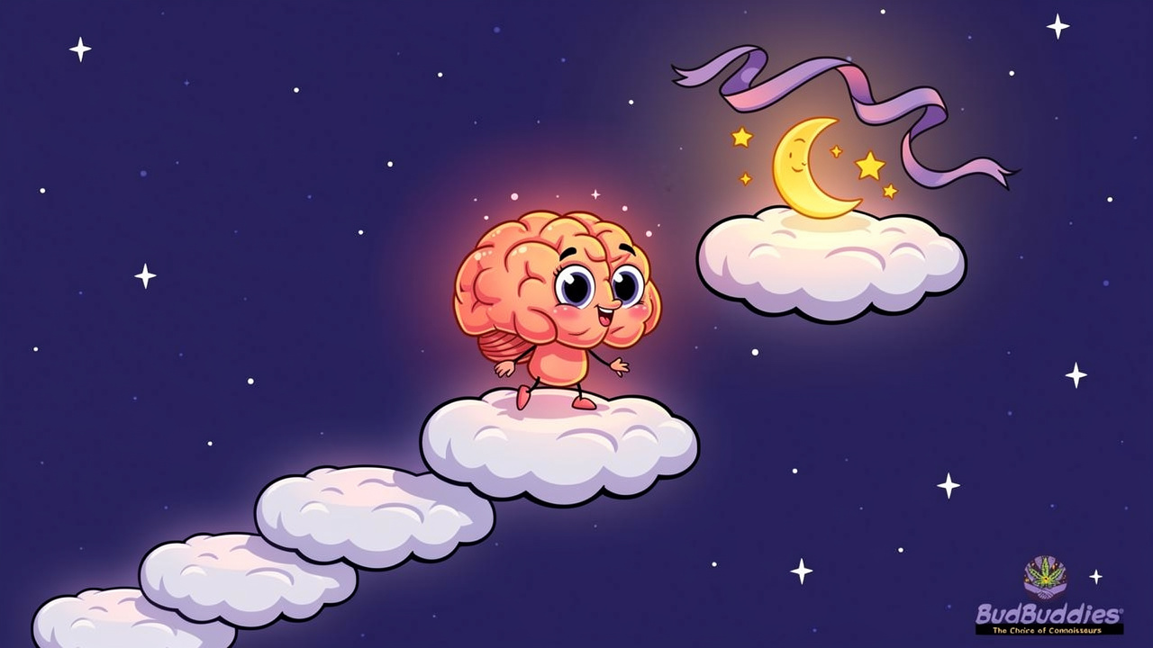 Cartoon brain climbing cloud steps representing sleep stages