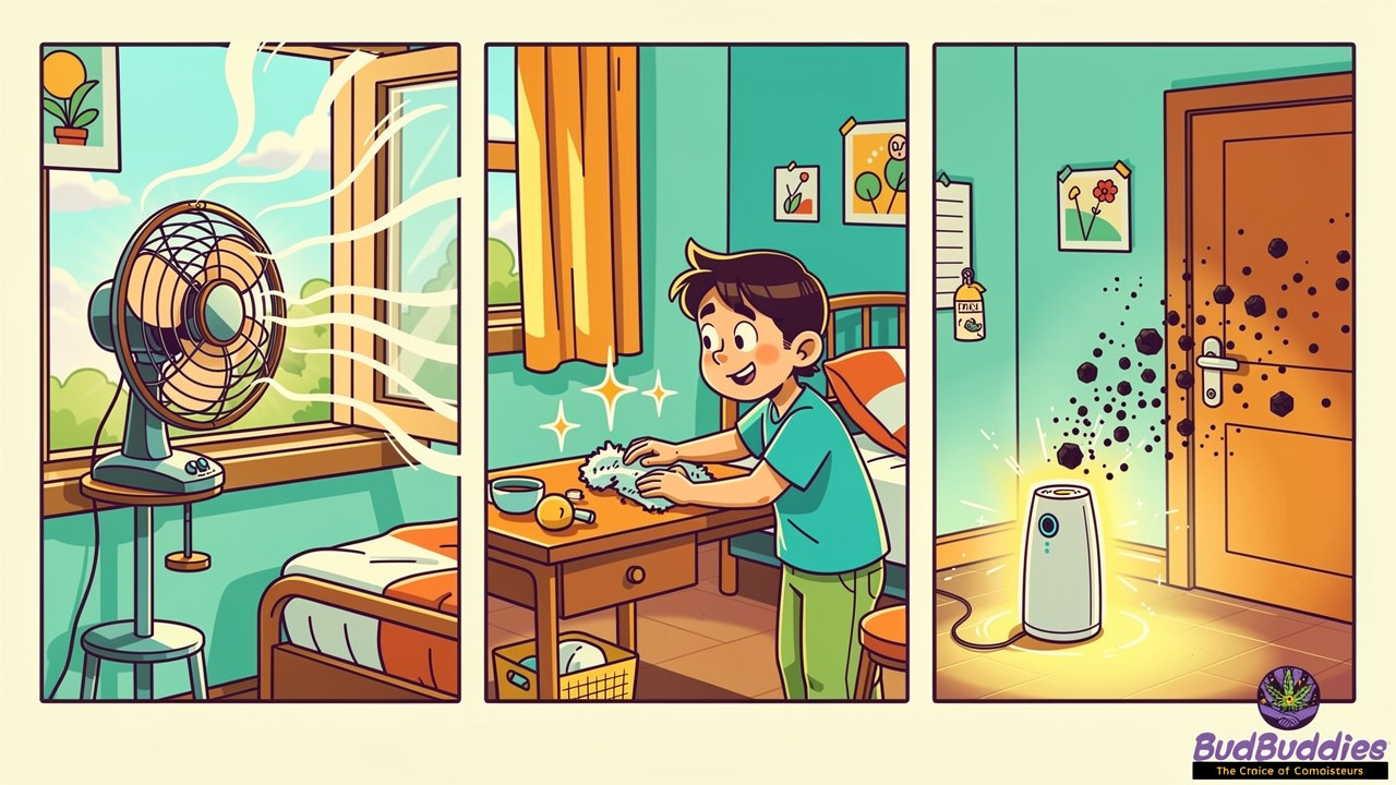 Cartoon three-step routine to remove weed smell from uni room