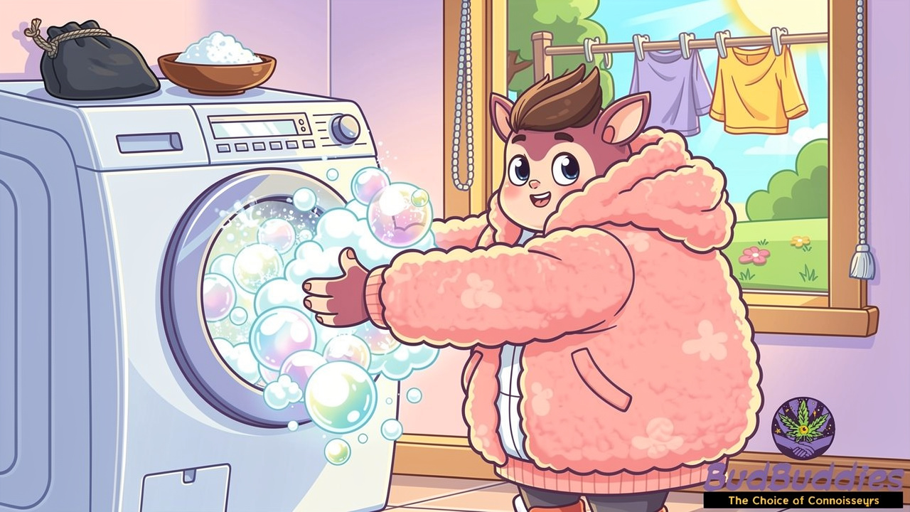 Cartoon character washing smoky hoodie in machine with odour absorbers
