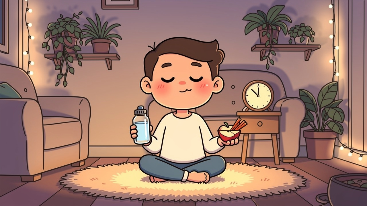 Cartoon character practising safe cannabis dosing in cosy home setting
