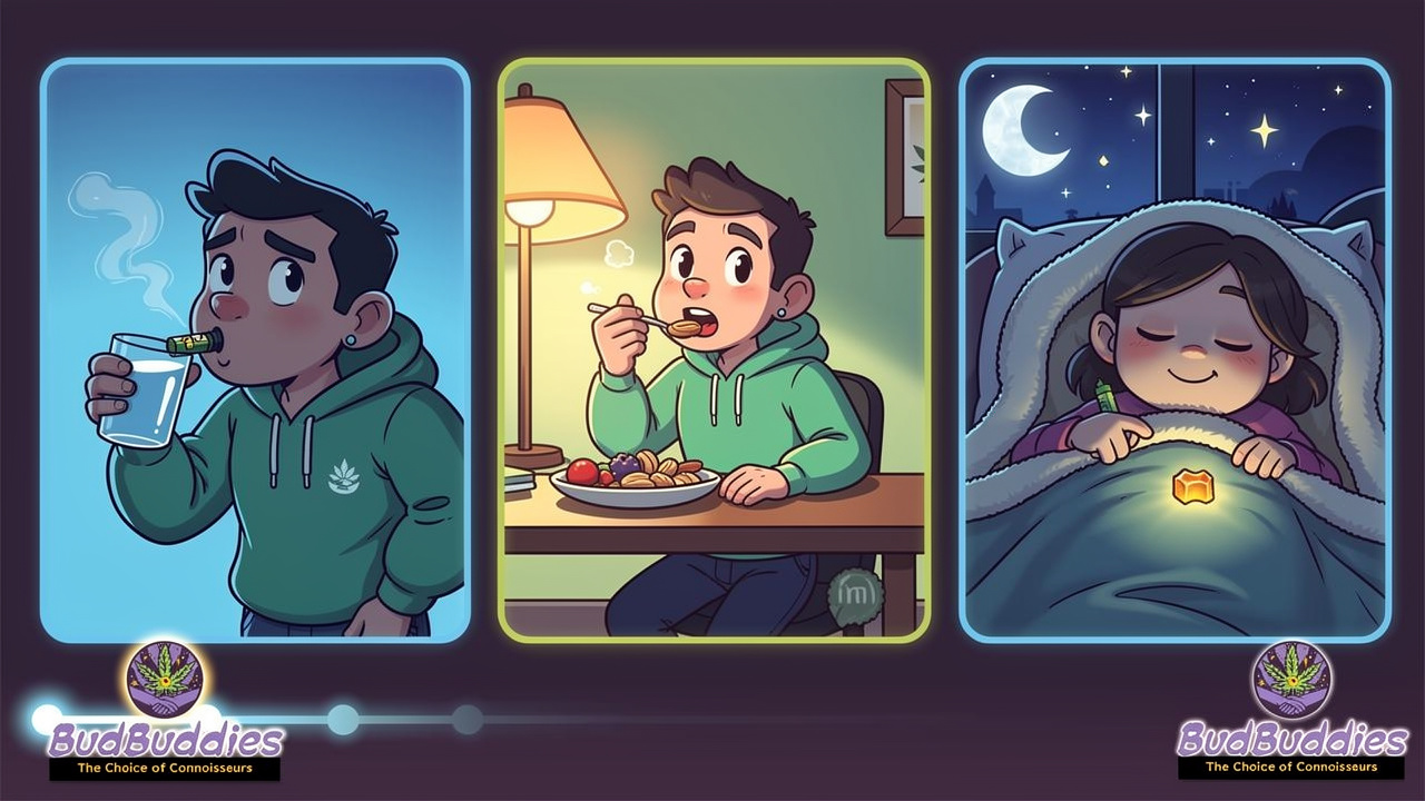 Cartoon character using cannabis responsibly during all-nighter