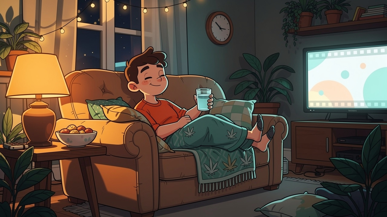 Cartoon character relaxing responsibly at home whilst high