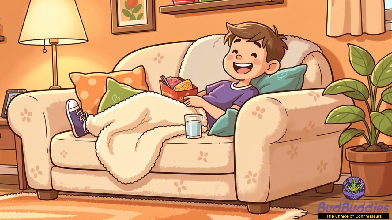 Cartoon person relaxing responsibly on sofa after exam