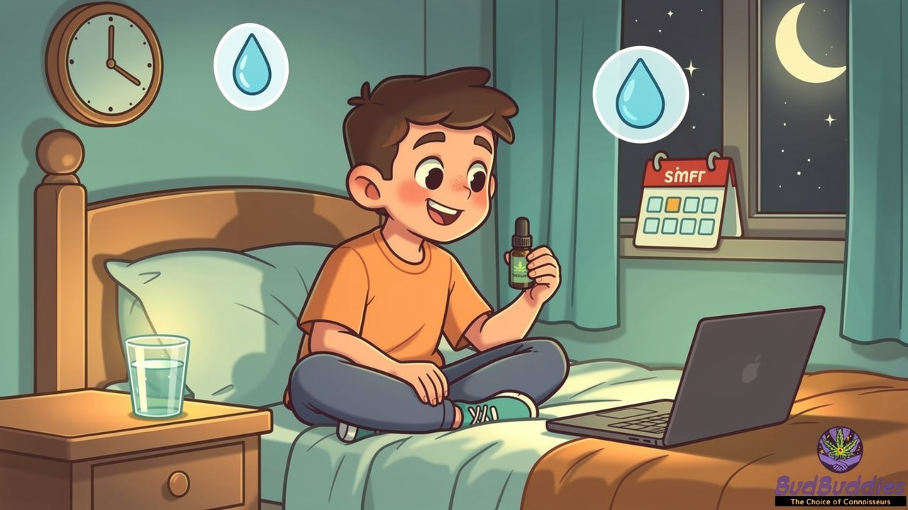 Cartoon student using CBD responsibly during exam revision