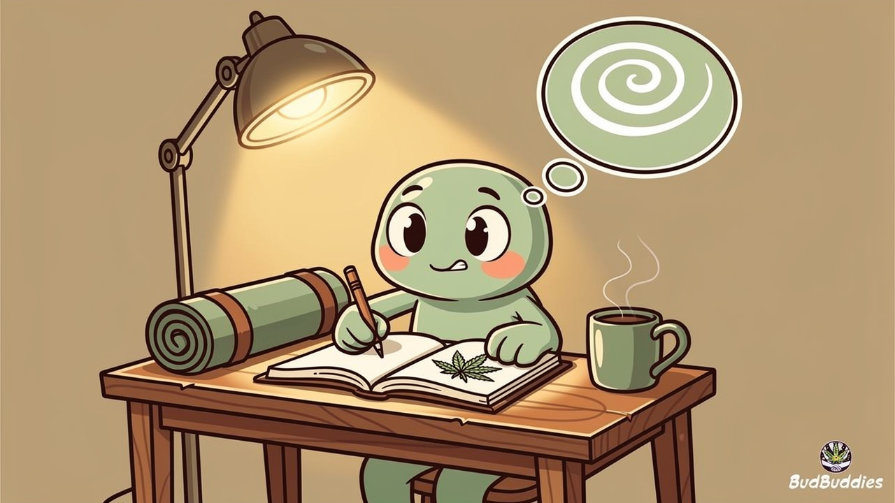 Cartoon character journalling responsibly while using cannabis