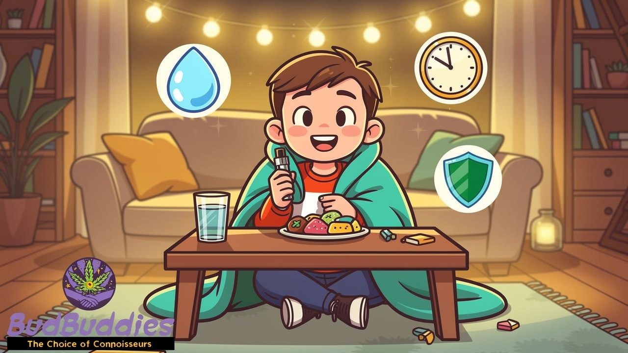 Cartoon student consuming cannabis responsibly after exam