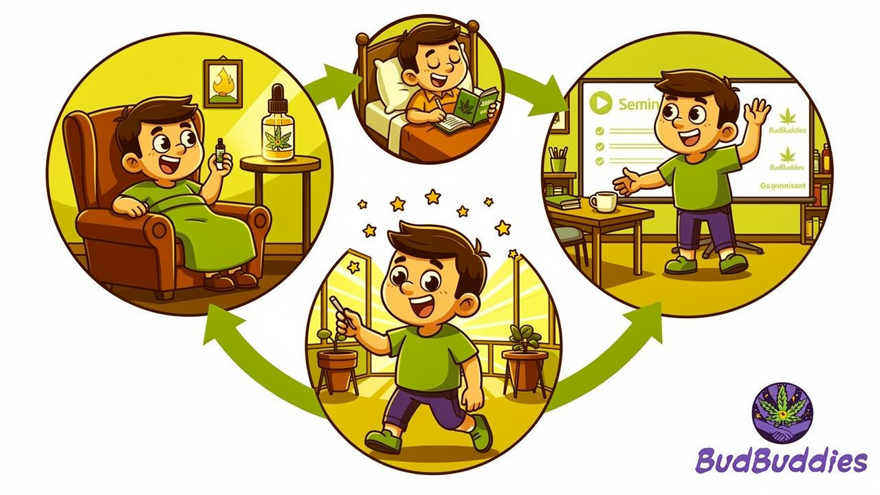 Cartoon character following responsible cannabis routine before seminar