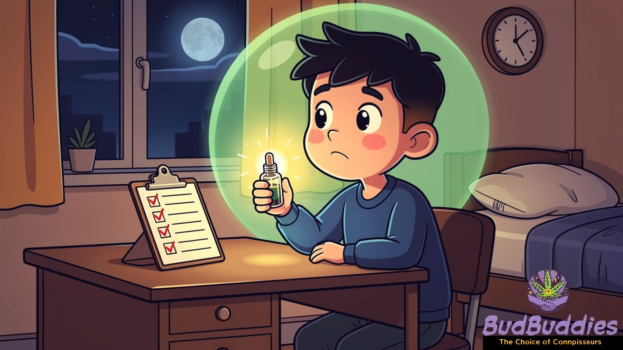 Cartoon student practising responsible cannabis dosing