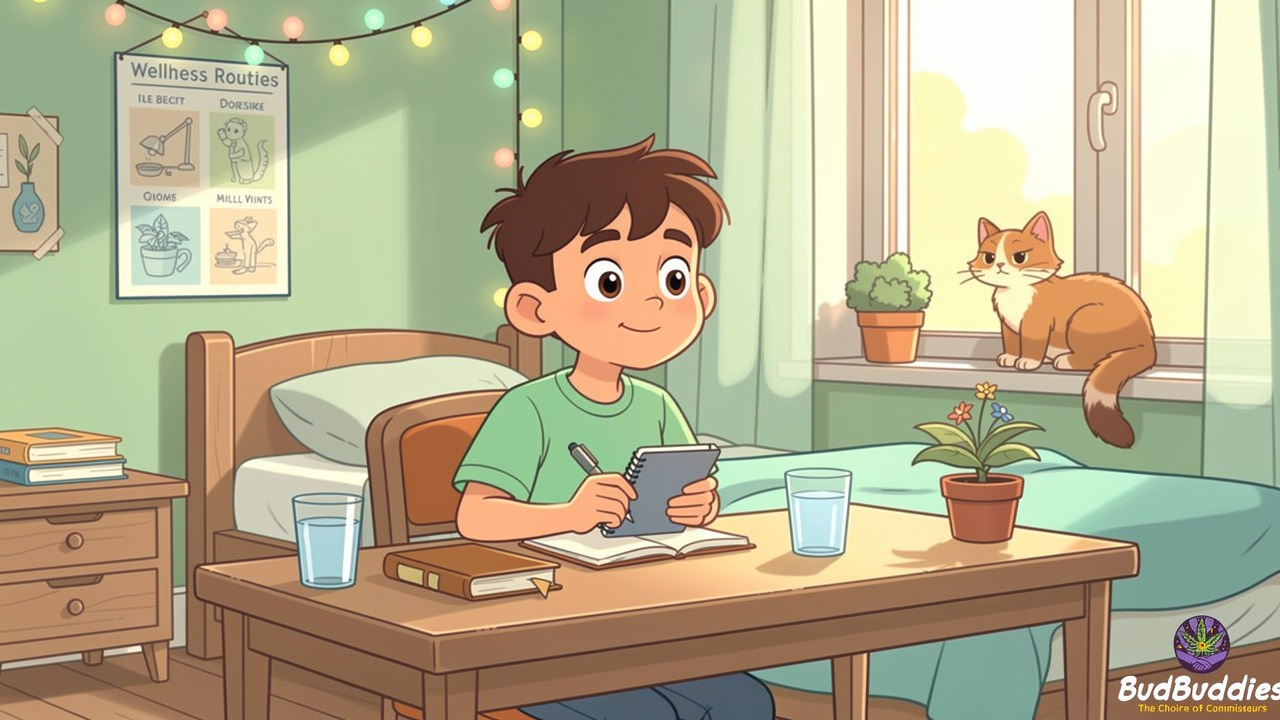 Cartoon student tracking cannabis use alongside a healthy routine