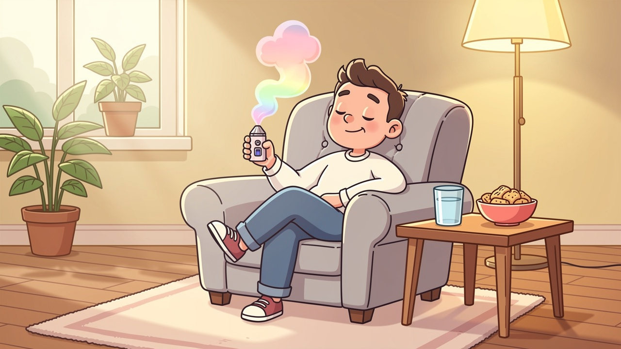 Cartoon character vaping calmly in relaxed cosy setting