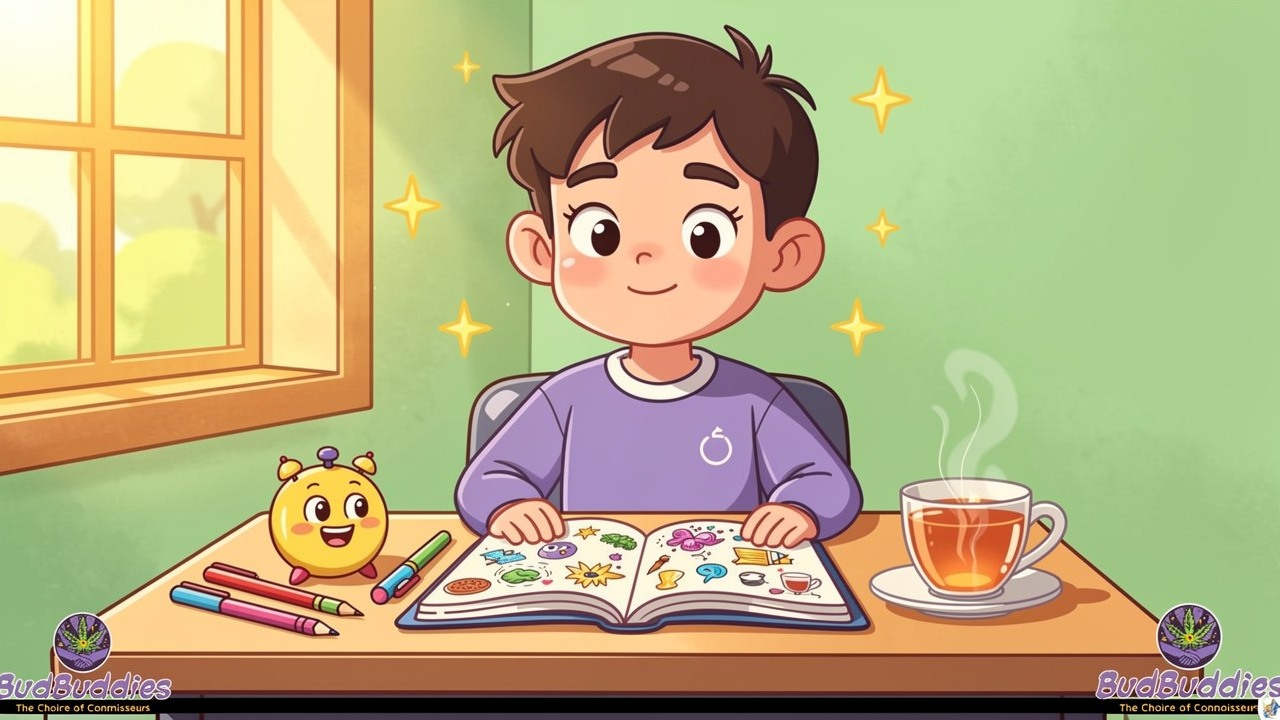 Cartoon student following responsible morning cannabis routine at desk