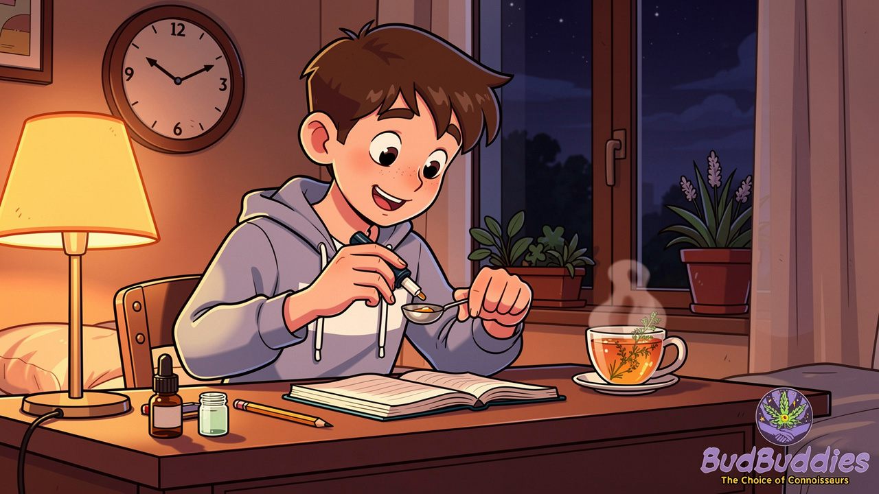 Cartoon student carefully measuring THC oil dose at desk