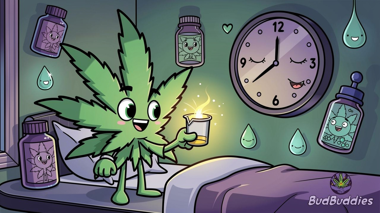 Cartoon cannabis leaf measuring dose near sleepy clock