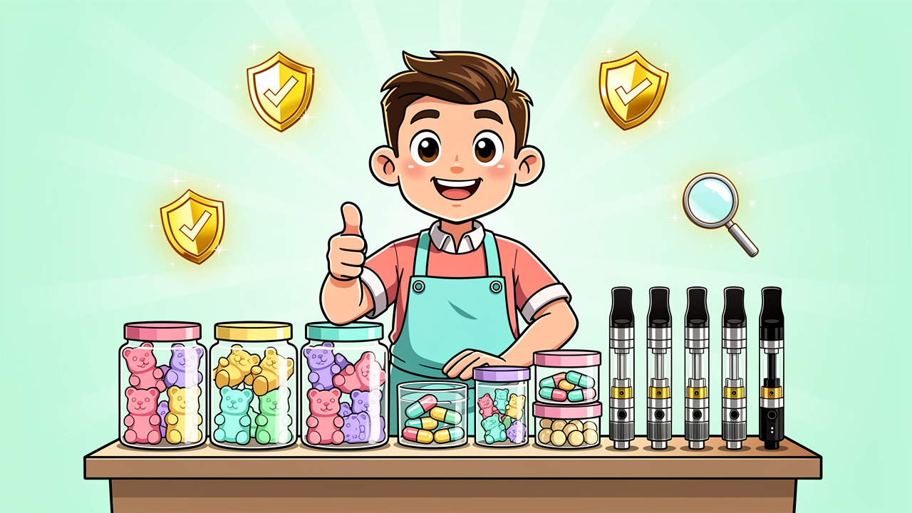 Cartoon shopkeeper displaying verified quality cannabis products