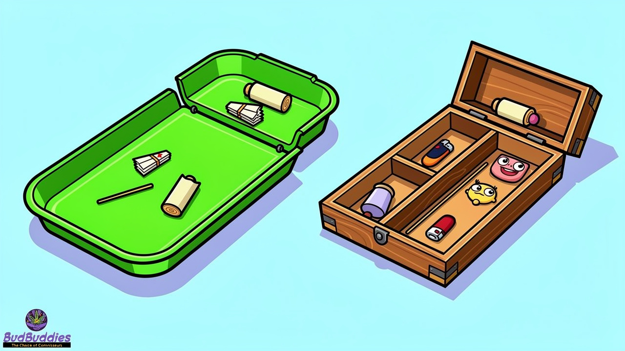 Side-by-side cartoon of rolling tray and rolling box