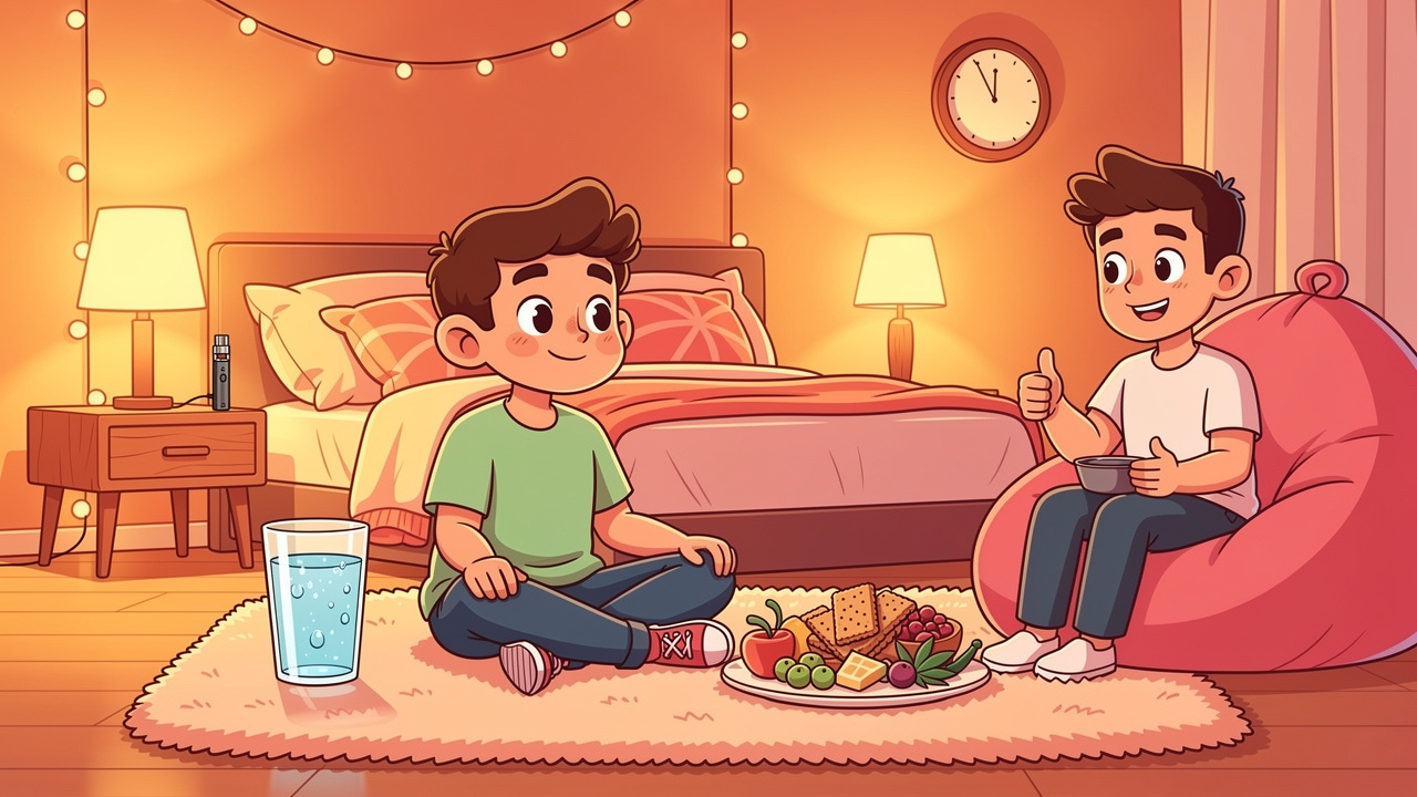 Cartoon friends setting up safe and comfortable first cannabis session