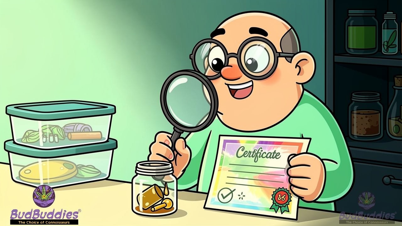 Cartoon character checking lab-tested concentrate certificate