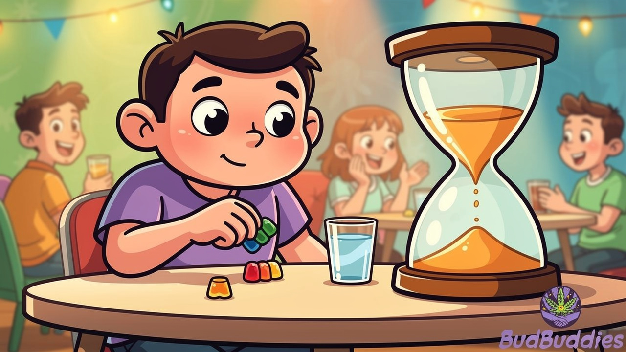 Cartoon character dosing edibles safely alongside a drink at a party