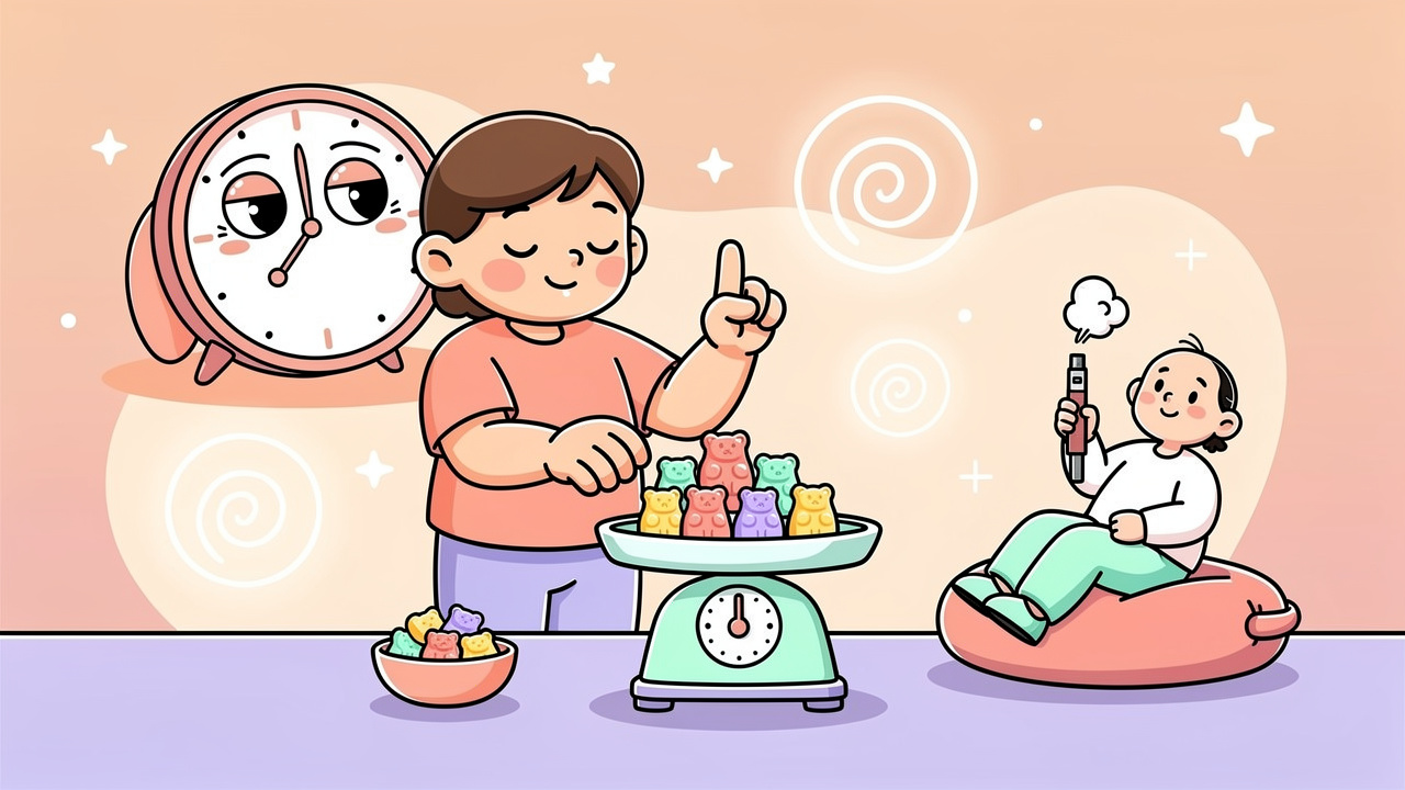 Cartoon character dosing cannabis edibles carefully and patiently
