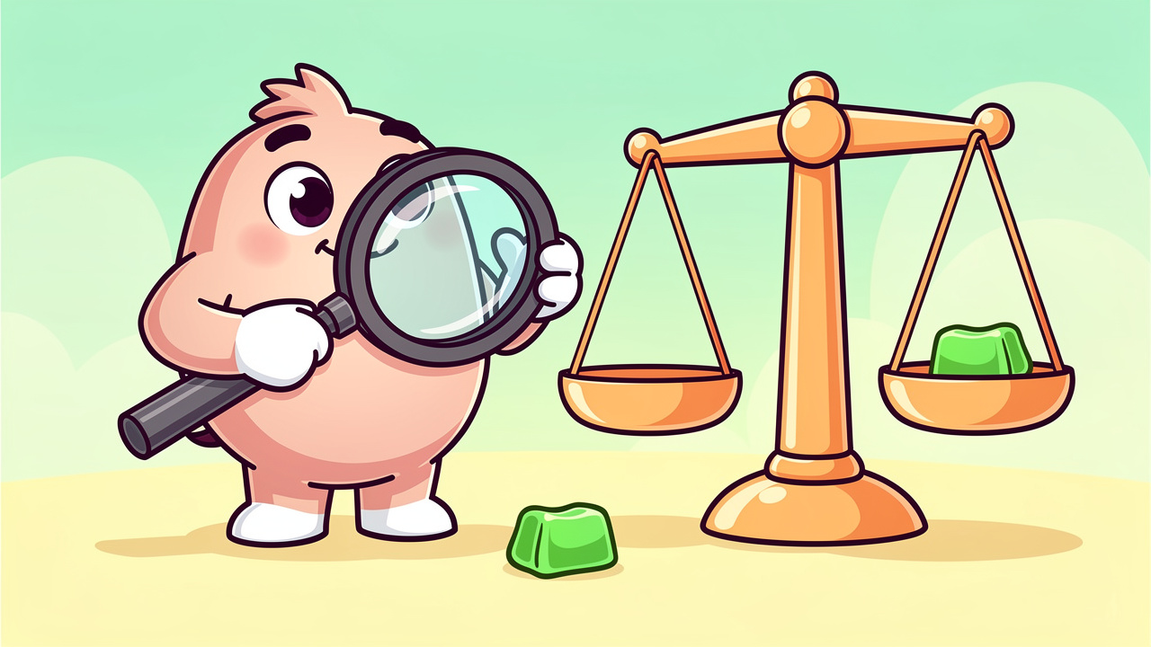 Cartoon character carefully examining small cannabis gummy for safe dosing