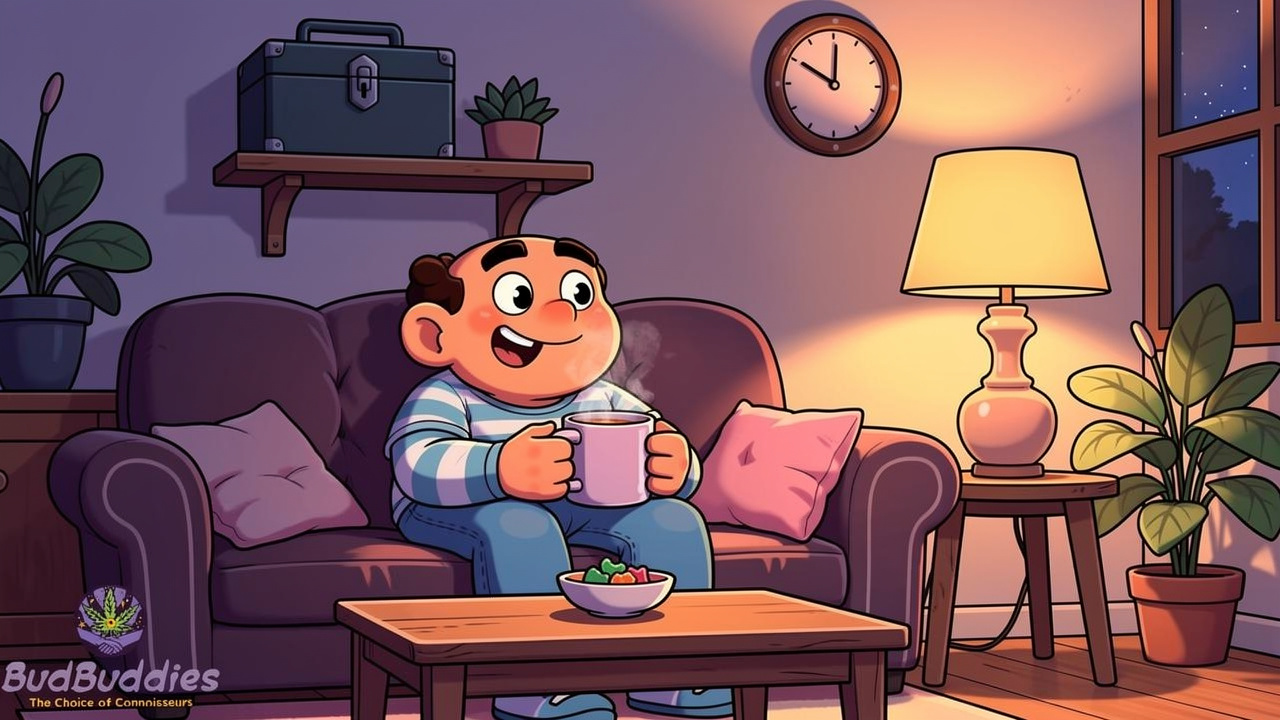Cartoon character using edibles safely in cosy home setting