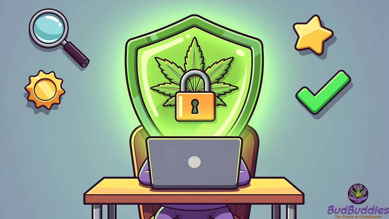 Cartoon character shopping safely for cannabis online