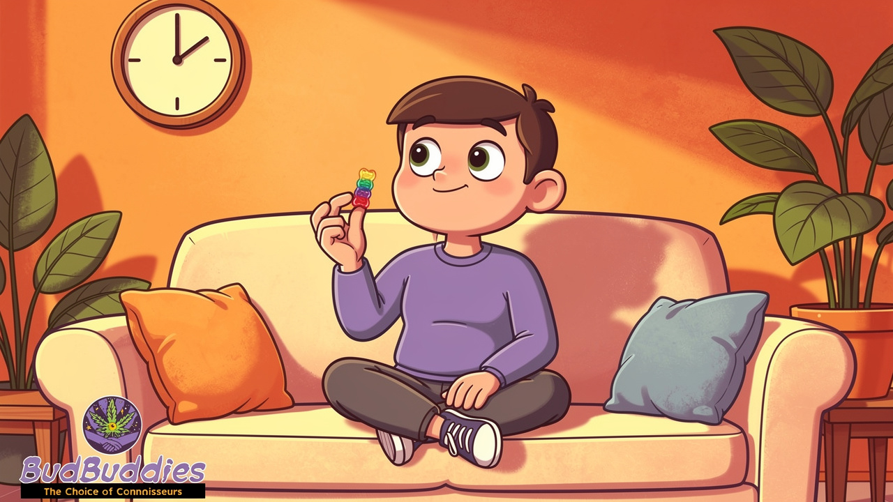 Relaxed cartoon character carefully dosing a single THC gummy