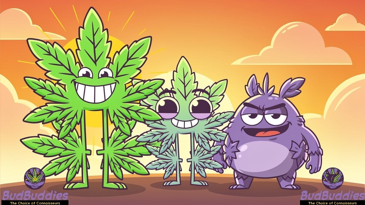 Cartoon sativa indica hybrid cannabis plant characters compared