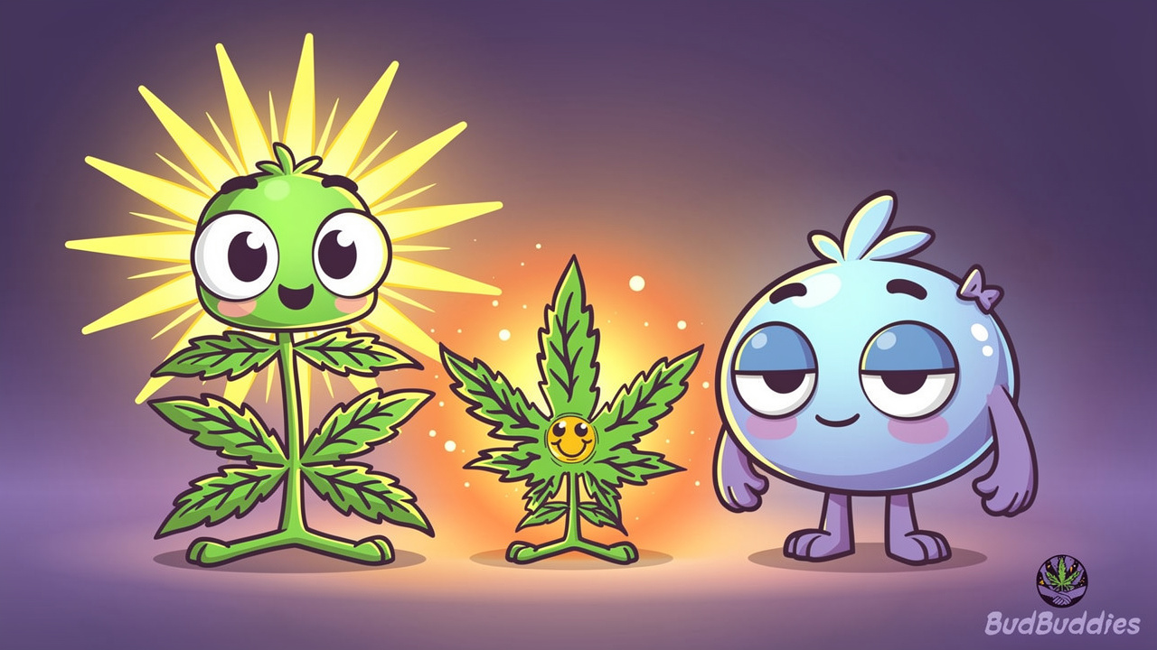 Cartoon sativa indica and hybrid cannabis strain characters