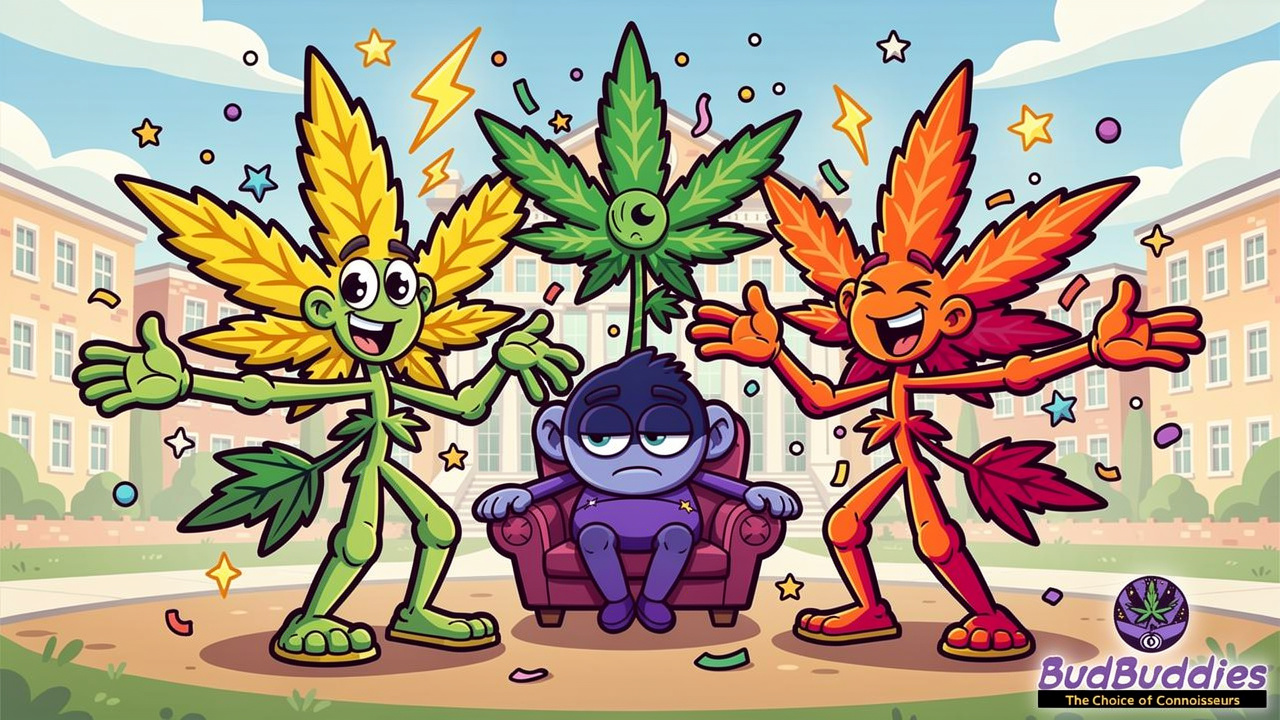 Cartoon characters representing sativa, indica, and hybrid strains