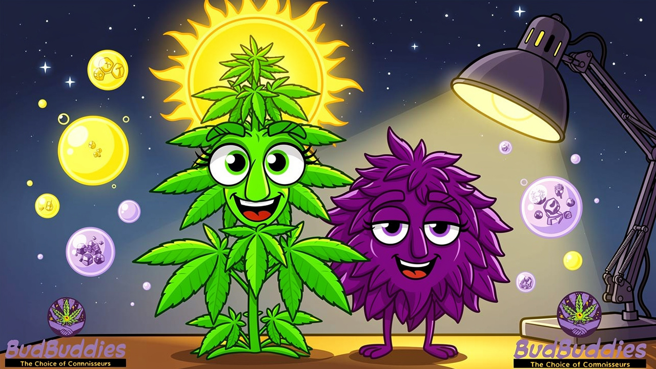 Cartoon sativa and indica cannabis plants for all-nighters