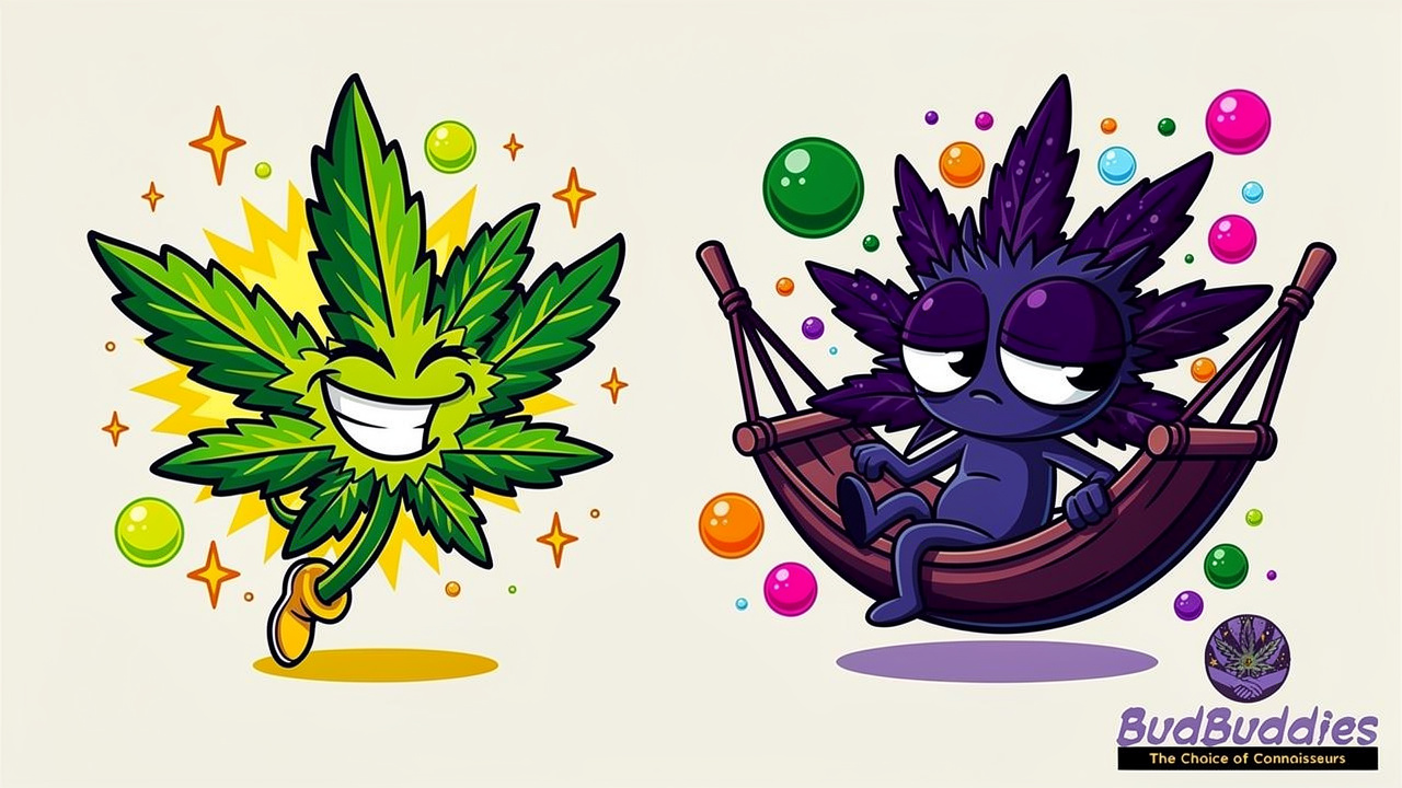 Cartoon sativa and indica strain characters compared