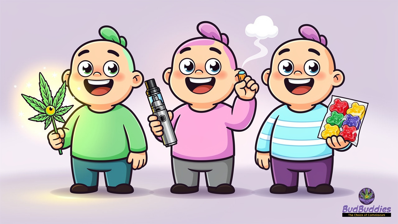 Cartoon characters showing flower, vape and edible formats