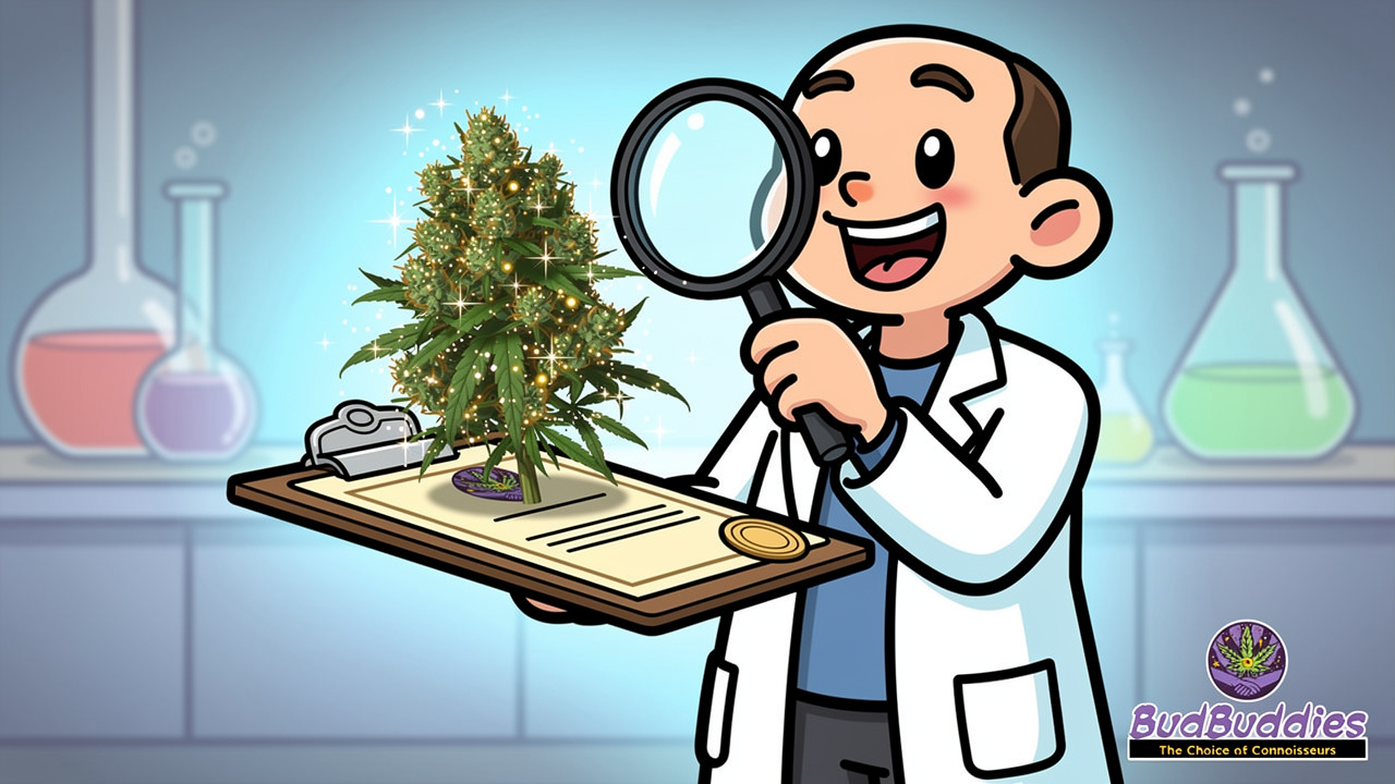 Cartoon scientist checking quality of Scented Marker cannabis