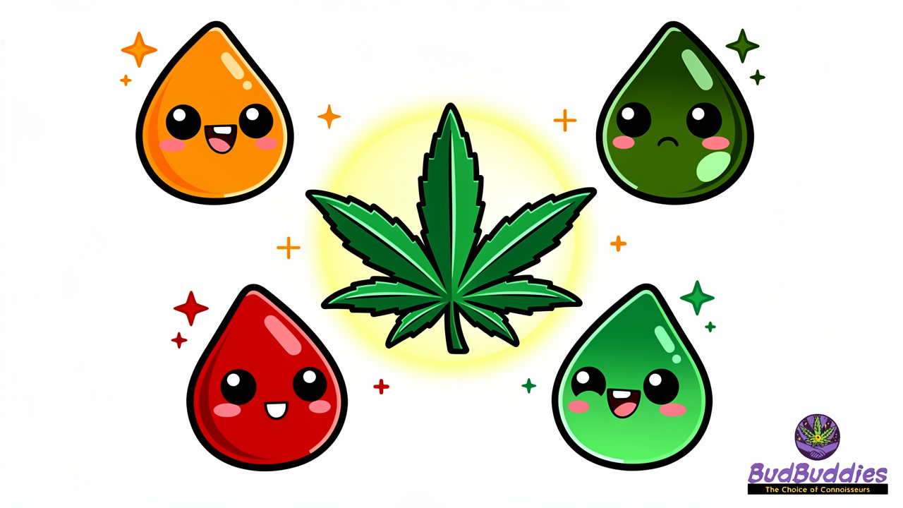 Cartoon terpene droplets shaping Scented Marker strain aroma