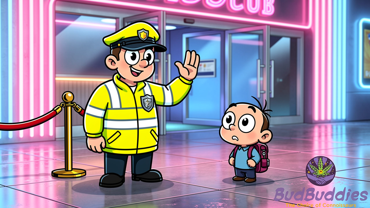 Friendly security guard requesting bag check at club door