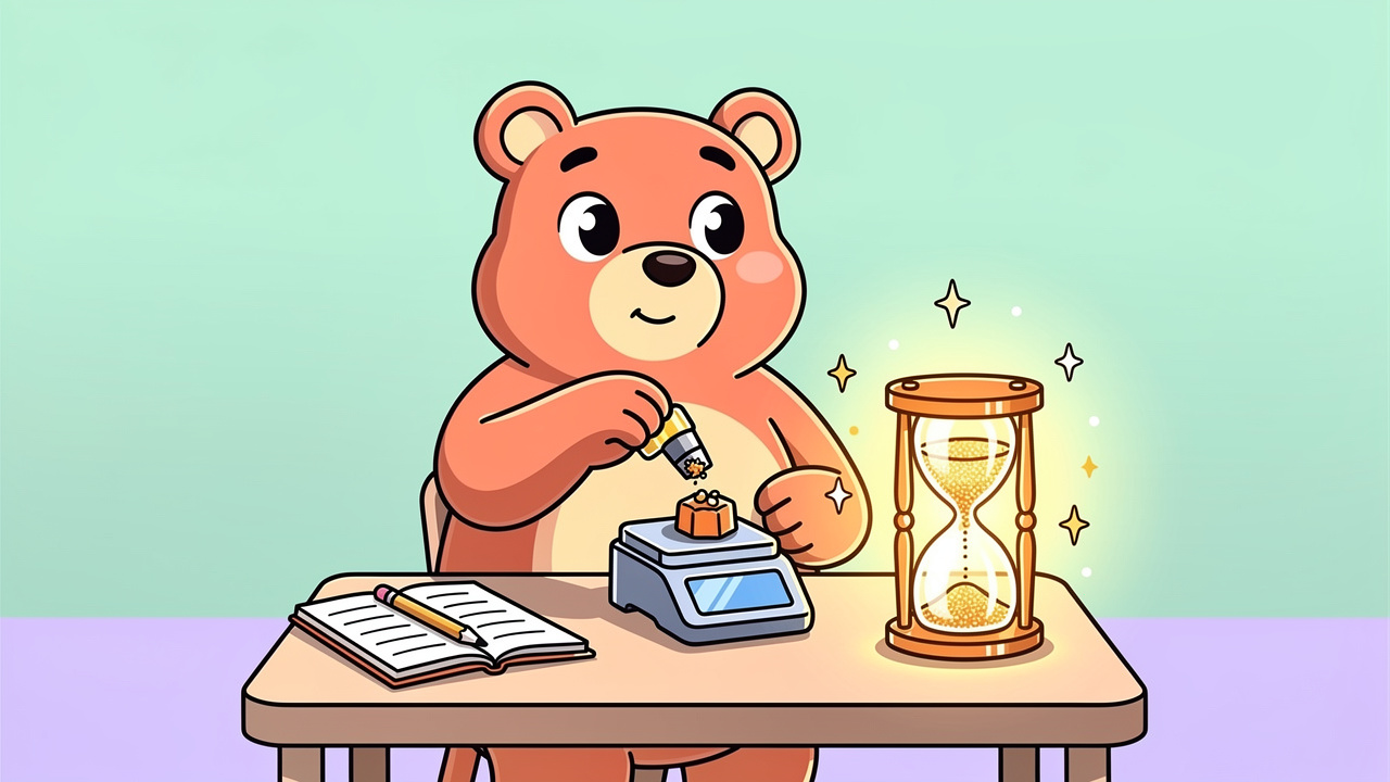 Cartoon gummy bear carefully measuring edible dose with hourglass nearby