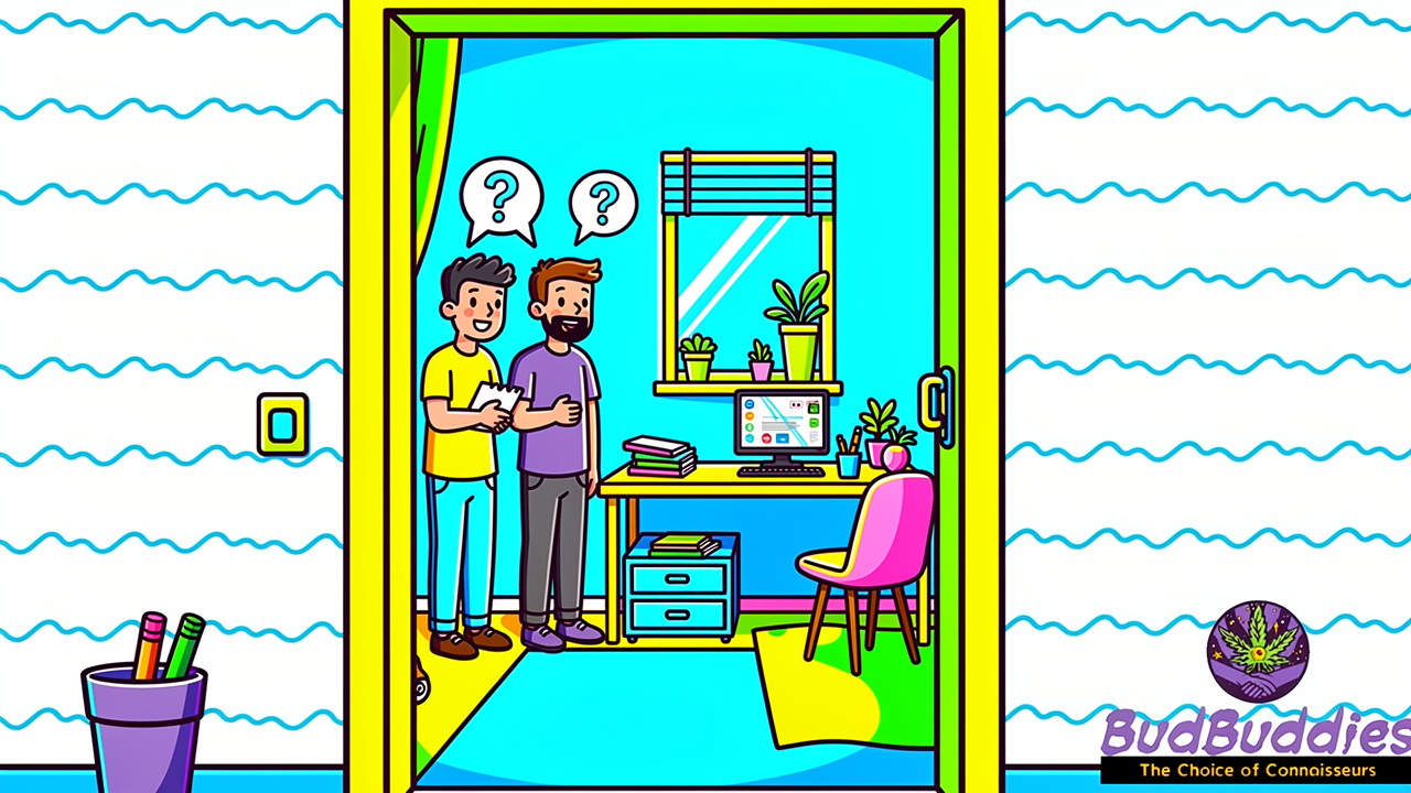 Cartoon flatmates noticing smell drifting from a uni room