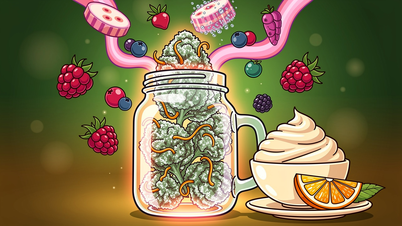 Cartoon cannabis jar with frosty buds surrounded by berries and sherbet sweets