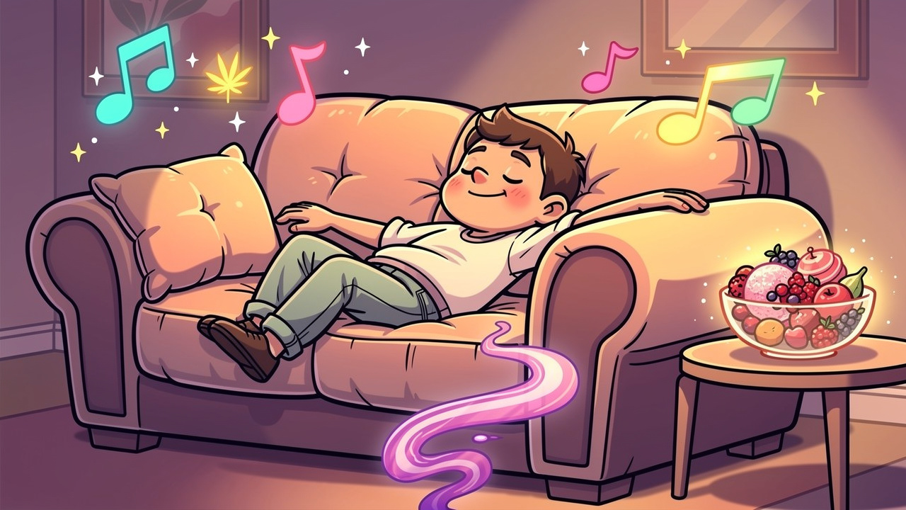 Cartoon character relaxing on sofa with sherbet sweets and calm vibes