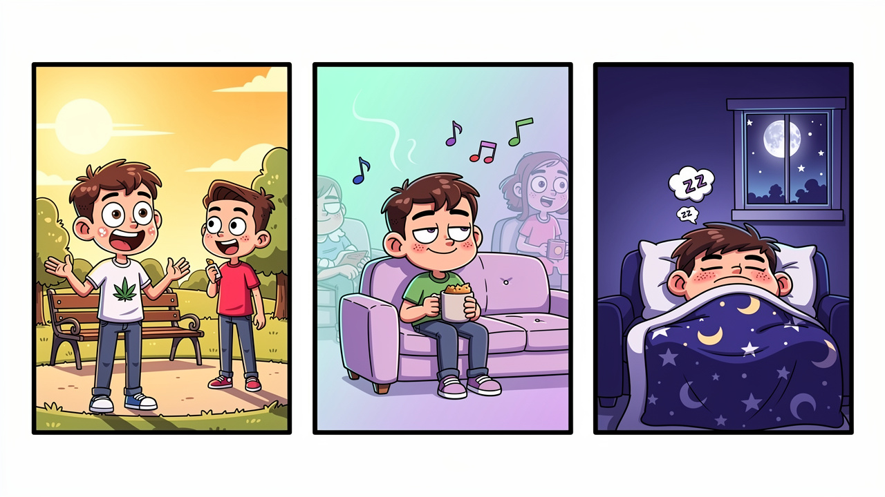 Cartoon three-stage illustration of cannabis high progression from social to sleepy