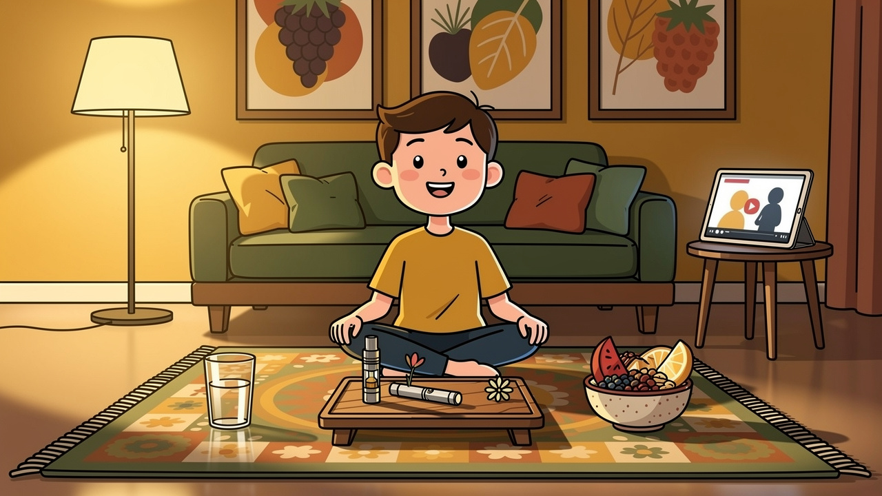 Cartoon character enjoying a calm cannabis session with snacks and water