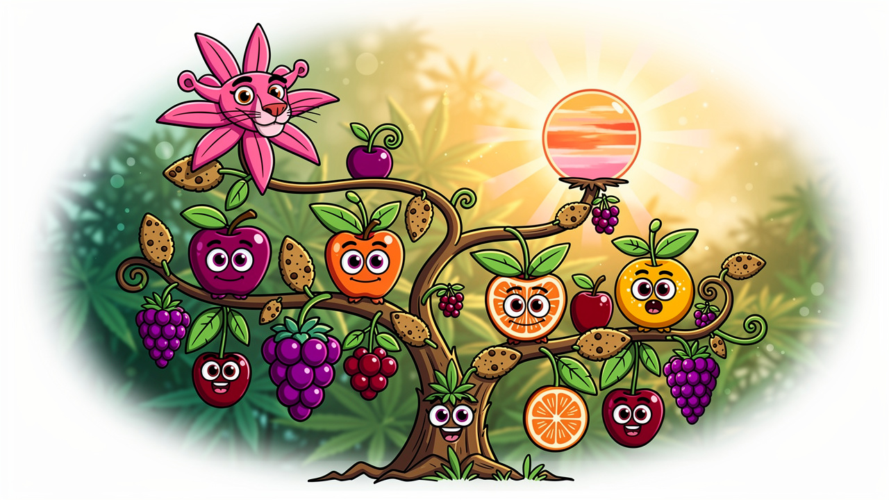 Cartoon cannabis family tree with berry and cookie branch characters