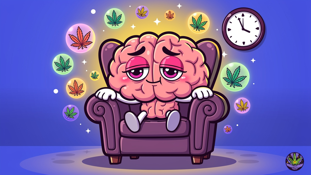 Cartoon brain character tired and affected by THC
