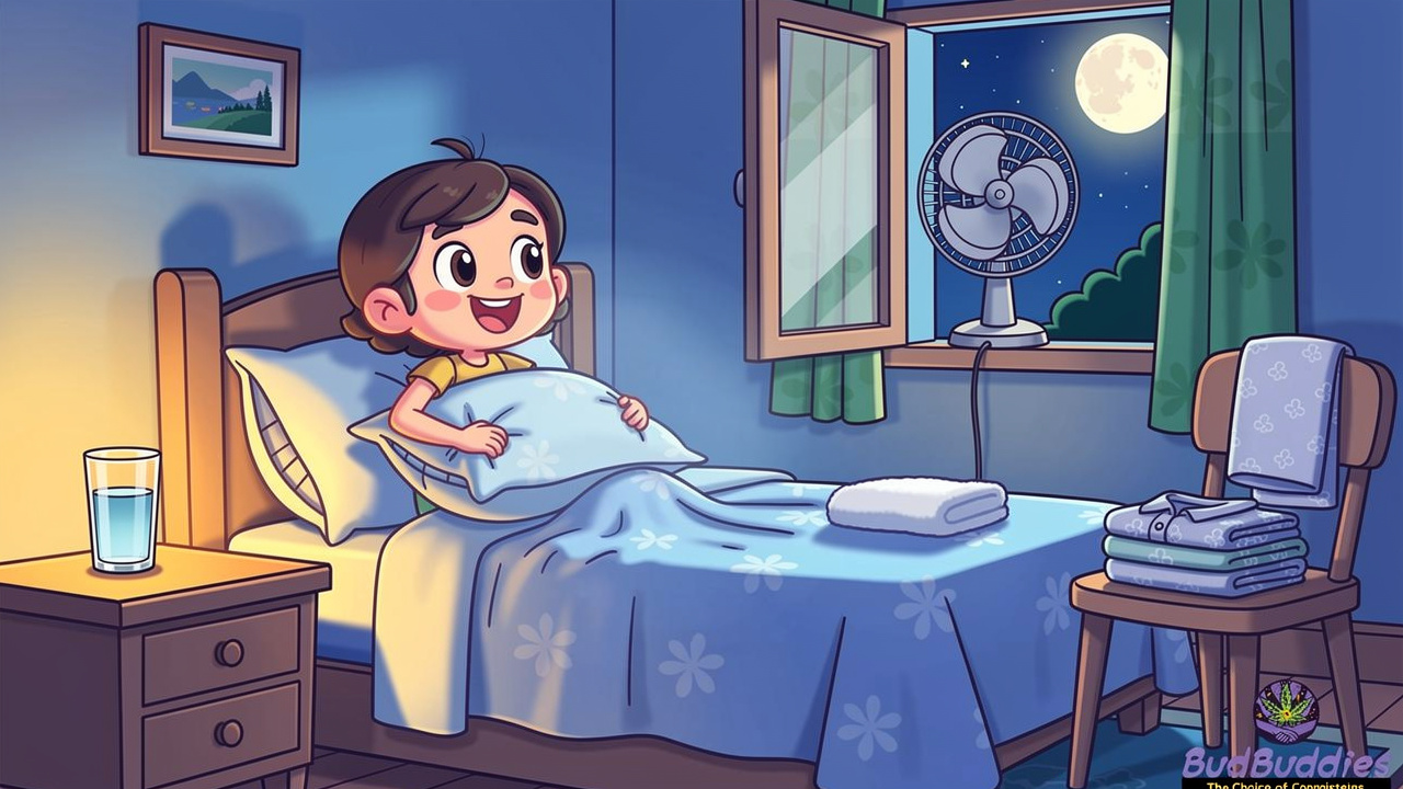Cartoon bedroom scene showing sleep comfort tips
